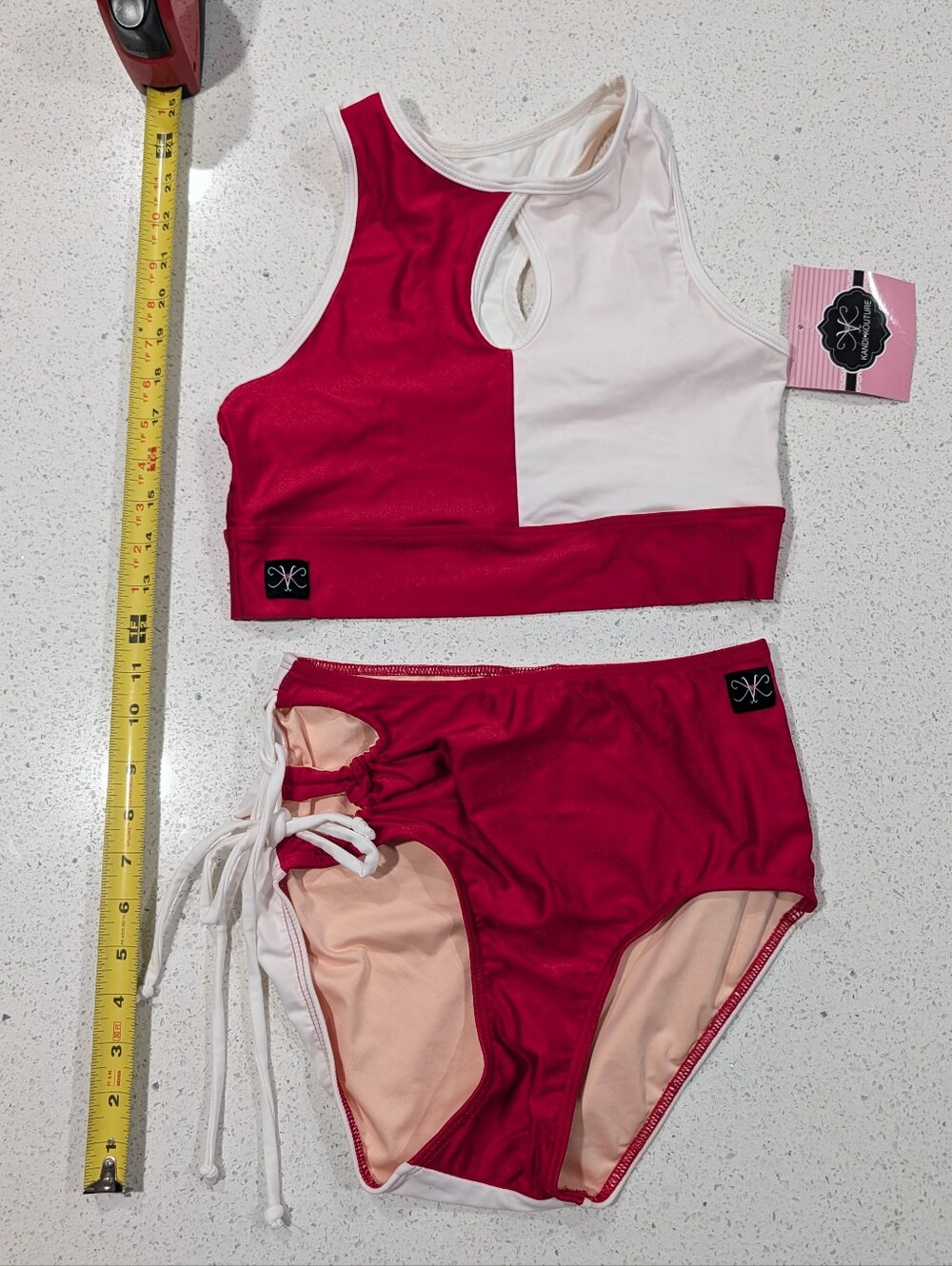 NEW 2pc Set Kandi Kouture Small 3/5 Pageant Dance Leotard RED White Top & Briefs